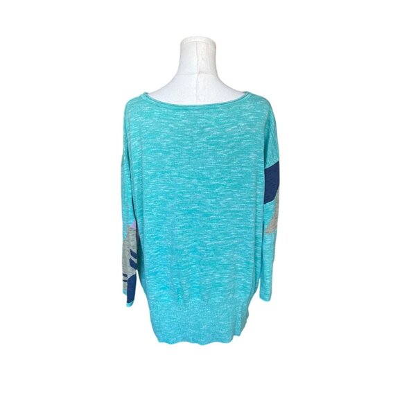 Nic+Zoe Womens Flower Sweater Sz L Cotton Linen Artsy Boho Chic Turquoise Blue - Picture 4 of 8